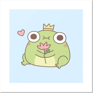 Cute Little Frog Prince Holding Flower Posters and Art